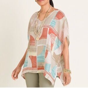 CHICO'S Artsy Resort Cruise Summer 100% Linen Geometric Print V-neck Poncho S/M